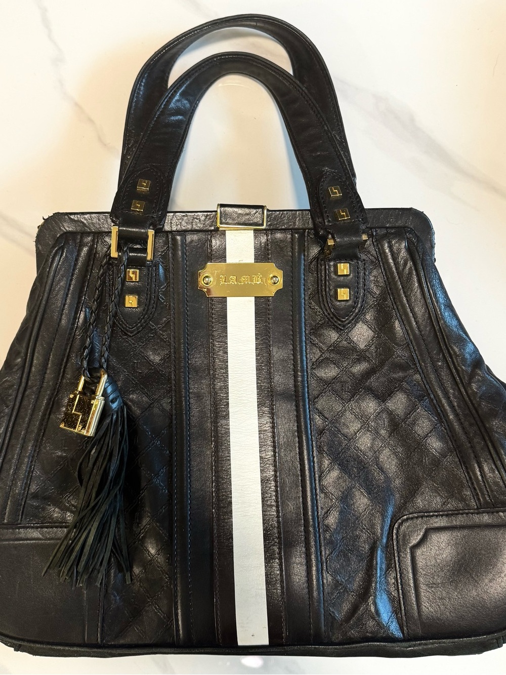 L.A.M.B. Gwen Stefani Black Leather White Stripe Kiss-Lock Doctor Satchel Bag